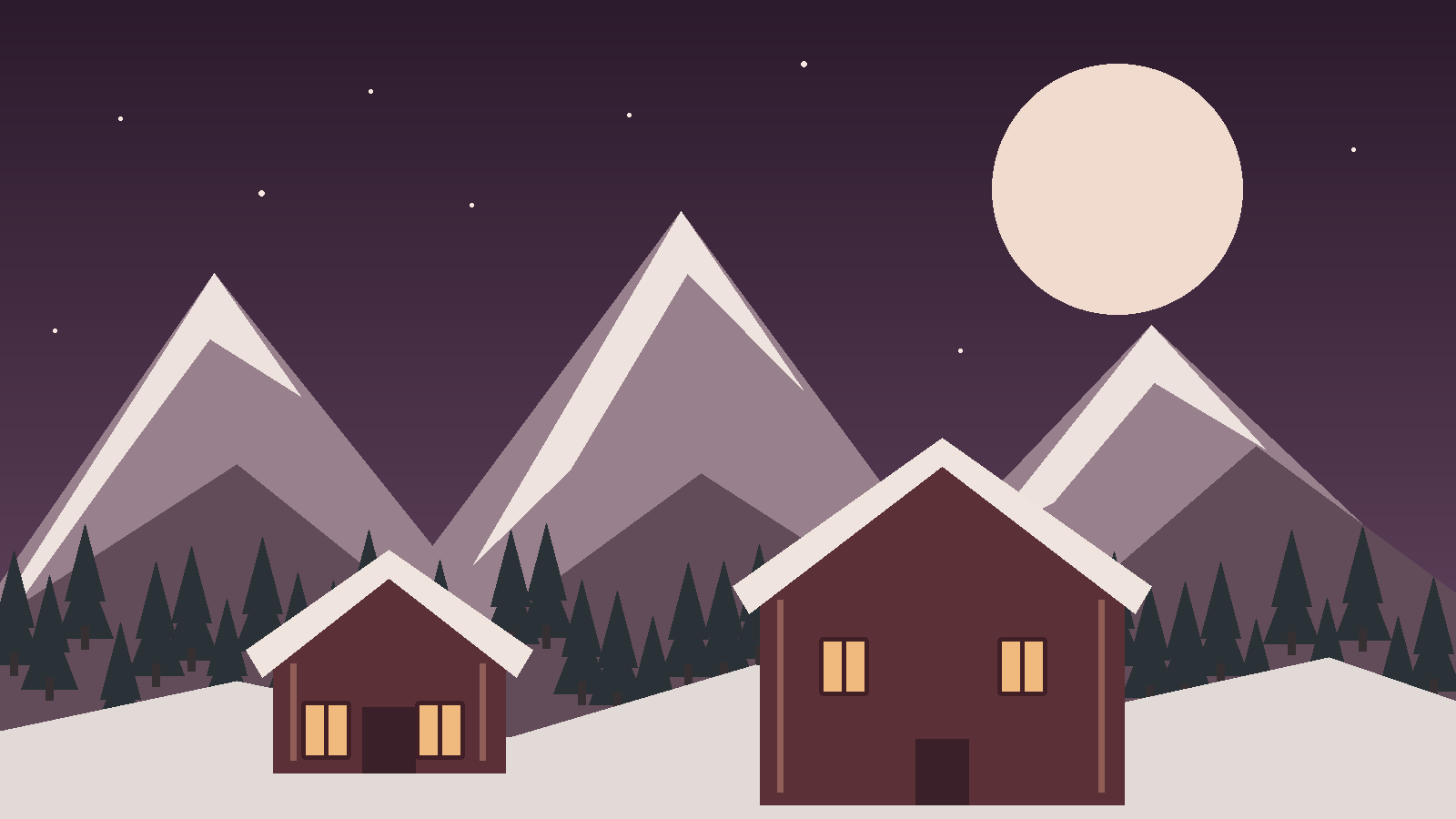 Illustration d’un village alpin enneigé, chalets et montagnes au crépuscule