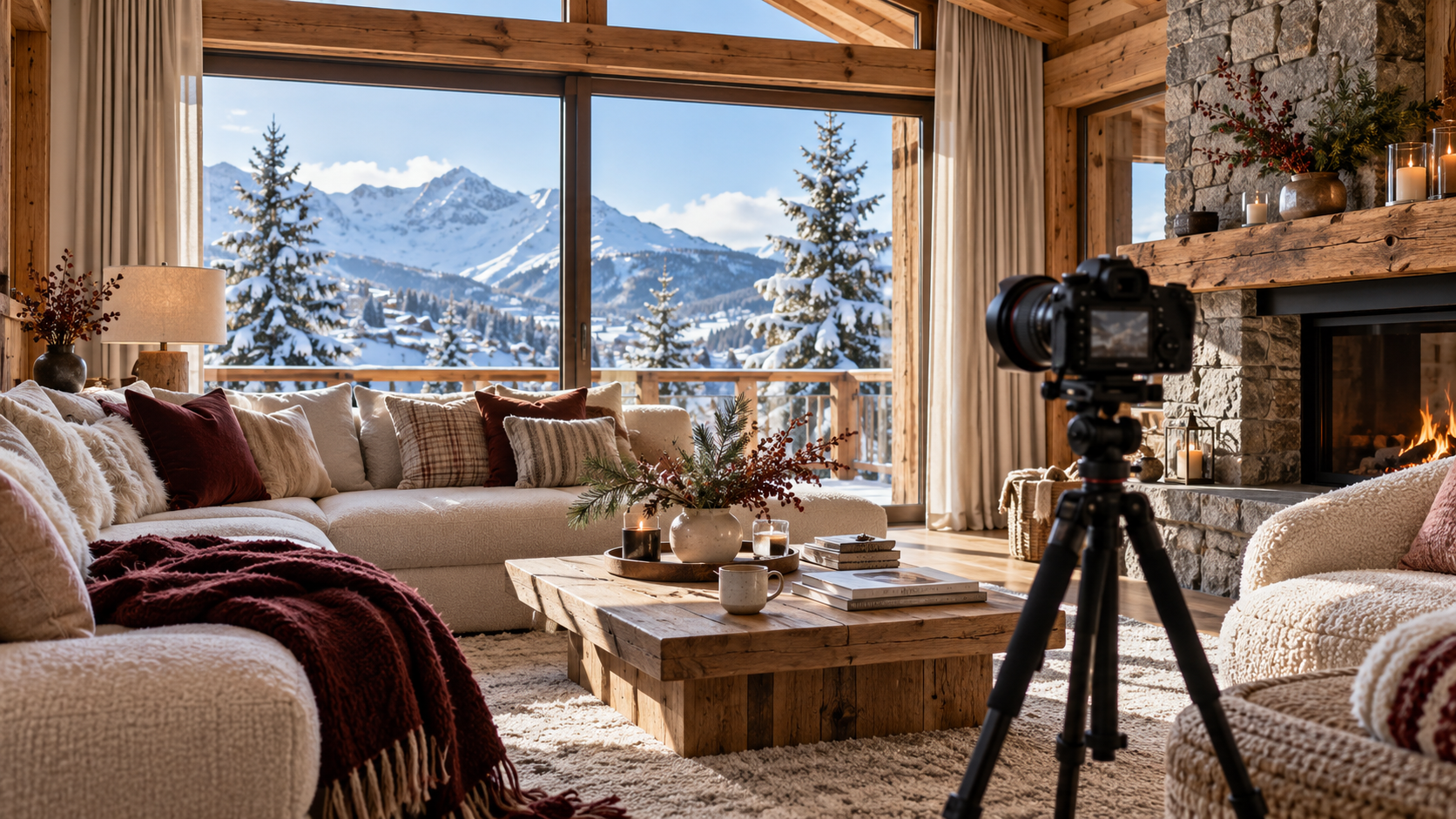 Illustration d’un appareil photo sur trépied dans un salon de chalet lumineux face aux montagnes enneigées