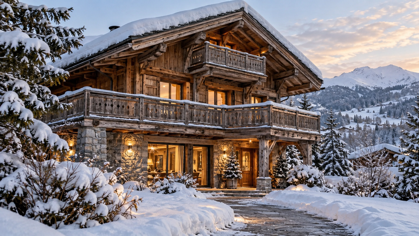 Chalet alpin en bois et pierre sous la neige, fenêtres éclairées et chemin dégagé — illustration pour un séjour à Megève