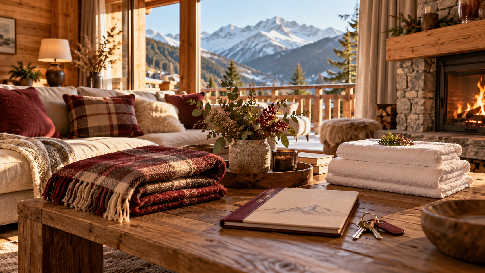 Chalet de Méribel préparé pour la saison d’hiver avec linge, clés et vue sur les montagnes enneigées